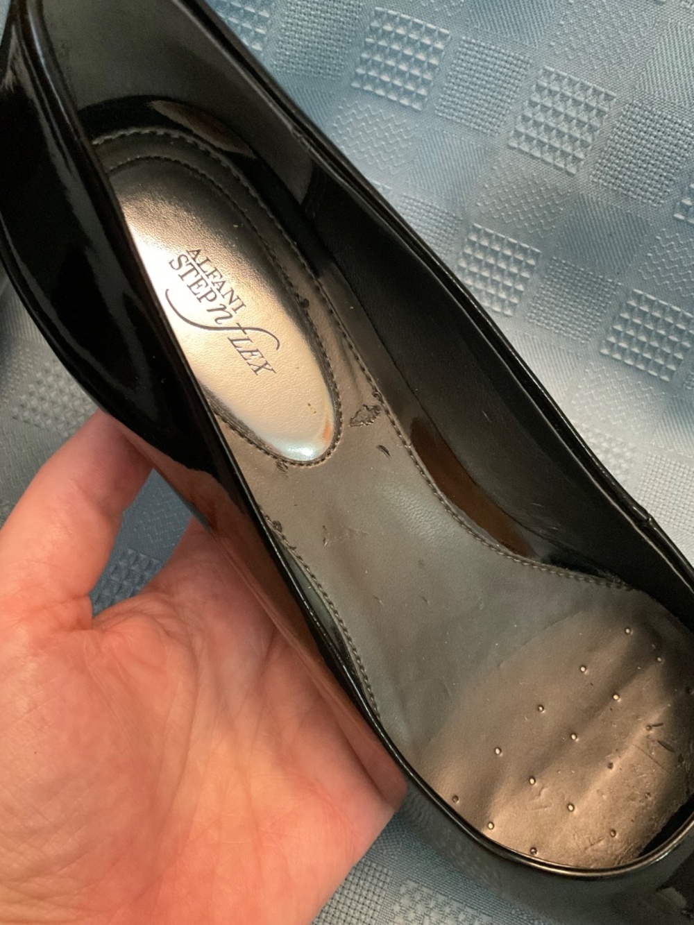 Alfani Step N Flex Sz 6.5 Black Patent Leather Open Toe Wedges - Picture 7 of 12
